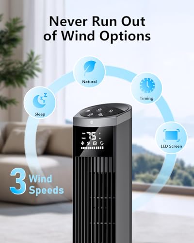 ULTTY Tower Fan for Bedroom, Bladeless Standing Fan that Blows Cold Air for Sleep, Remote Control, 28dB Quiet Operation,